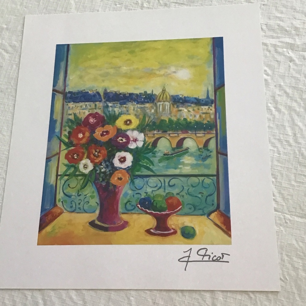 Colorful  Vase of Flowers and a Cityscape Art Print